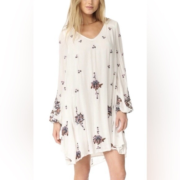 Free People Cream Floral Embroidered Long Sleeve Swing Dress - Picture 3 of 7